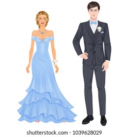 Paper dolls, young woman and guy in beautiful prom party looks, evening gown and suit. Body templates