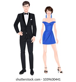 Paper dolls, young woman and guy in beautiful prom party looks, cocktail gown and suit. Body templates