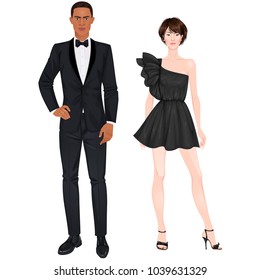 Paper dolls, young woman and guy in beautiful prom party looks, cocktail gown and suit. Body templates