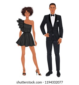 Paper dolls, young woman and guy in beautiful prom party or evening looks, gown and suit. Body templates.