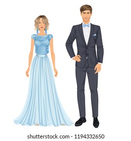 Paper dolls, young woman and guy in beautiful prom party or evening looks, gown and suit. Body templates.