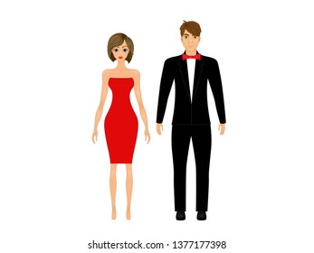 Paper dolls, young woman and guy in beautiful prom party looks, evening gown and suit