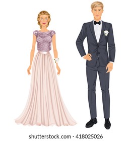 Paper dolls, young woman and guy in beautiful prom party looks, evening gown and suit. Body templates