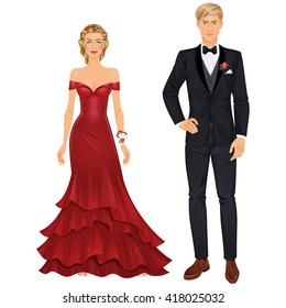 Paper dolls, young woman and guy in beautiful prom party looks, evening gown and suit. Body templates