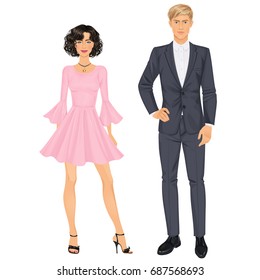 Paper dolls, young woman and guy in beautiful prom party looks, cocktail gown and suit. Body templates