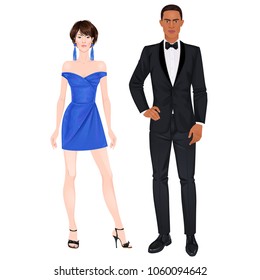 Paper dolls, young woman and man in beautiful prom party looks, cocktail gown and suit. Body templates