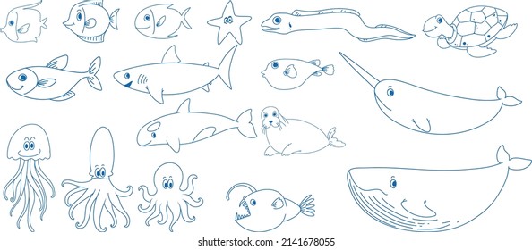 A paper with a doodle design of the different sea creatures with colour illustration
