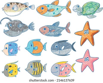 A paper with a doodle design of the different sea creatures with colour illustration