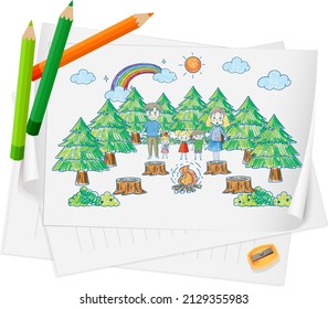 A paper with a doodle sketch design with color and colour pencils illustration