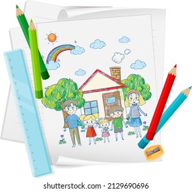 A paper with a doodle sketch design with color and colour pencils illustration