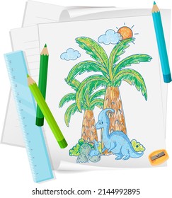 A paper with a doodle sketch design with color and colour pencils illustration