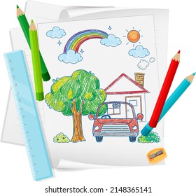 A paper with a doodle sketch design with color and colour pencils illustration