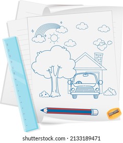 A paper with a doodle sketch design and pencil illustration