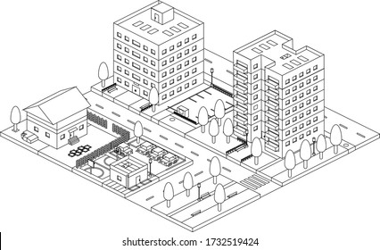 Paper drawn isometric part of town. Casual city district with trees and roads. Different buildings