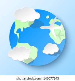 Paper earth with clouds, continents and airplane. Vector illustration