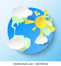 Paper earth with clouds, continents and sun. Vector illustration