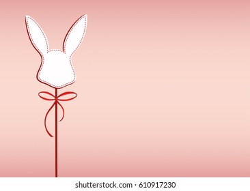 Paper easter bunny. Head of a rabbit on a stick with a bow and ribbon. Empty place for text or advertising. Greeting card or invitation for a holiday. Vector
