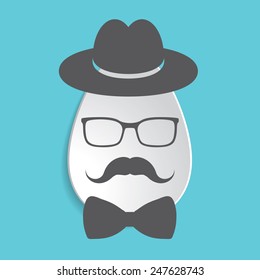 Paper Easter egg sign icon with black hat, mustache, bow tie and glasses isolated on a grey background Easter tradition symbol.