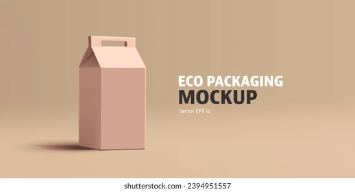 Paper eco packaging with a handle for products, 3D. For packaging concepts of industrial goods, food, household items. Banner for advertising products. Vector
