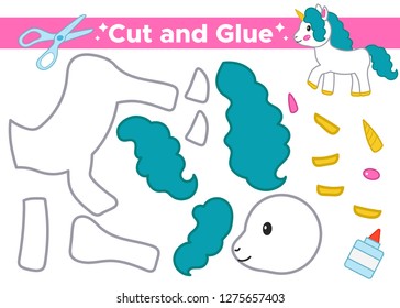 Paper educational game for preschool kids. Cute cartoon unicorn. Cut elements and glue. Vector illustration.