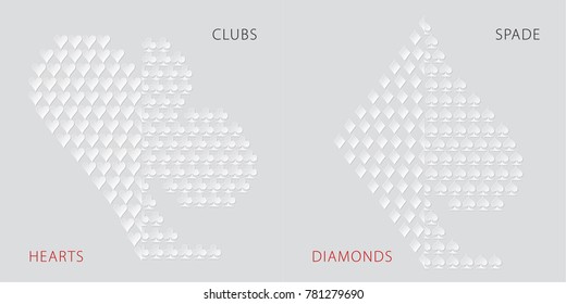 Paper Effect Card Suits Clubs Diamonds Hearts Spades Made of Clubs Diamonds Hearts Spades Accordingly - Grey Relief Symbols Set on Similar Background - Vector Gradient Graphic Design