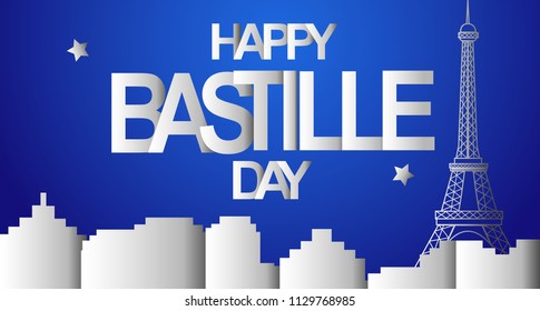 Paper effect Special Happy Bastille Day 2018 Combination Creative Design with blue background