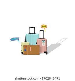 Paper effect vintage suitcase and colorful modern luggages.Traveling background.
