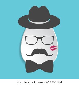 Paper egg icon with black hat, mustache, bow tie, lipstick kiss and glasses isolated on a grey background, vector illustration