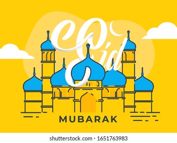 Fuente de papel Eid Mubarak con mezquita en fondo amarillo.