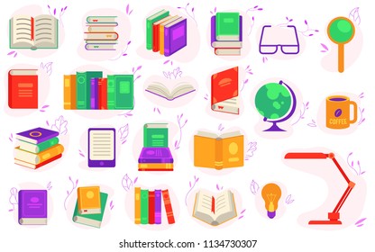 Paper and electronic books set with various close and open literature objects and accessories for reading isolated on white background. Education or literary leisure in flat vector illustration.