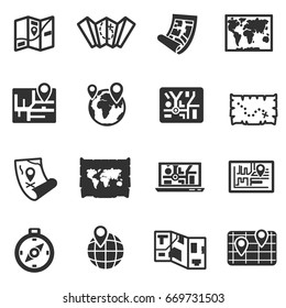 Paper and electronic maps. Location and orientation. Monochrome icons.