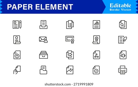 Conjunto de iconos de línea de elemento de papel: iconos de contorno modernos, mínimos y editables perfectos en píxeles para proyectos creativos