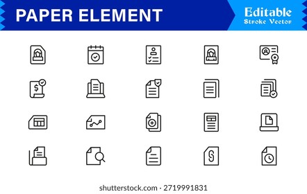 Conjunto de iconos de línea de elemento de papel: iconos de contorno modernos, mínimos y editables perfectos en píxeles para proyectos creativos