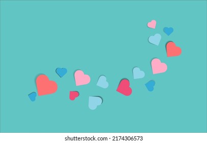 Paper element in the shape of flying hearts on blue background, vector symbol of love for women. Happy Women's, Mother, Valentine's Day, Birthday card design.