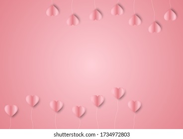 Paper elements of heart flying on pink background. Vector symbols of love greeting card design.