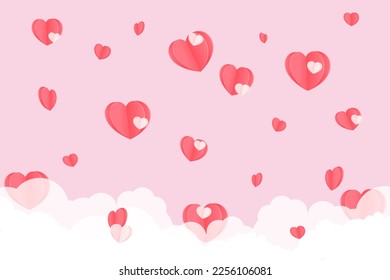 Paper elements of heart flying on pink background. concept of love for Happy Women's, Mother's, Valentine's Day, birthday greeting card design. Paper elements of heart flying on pink background.