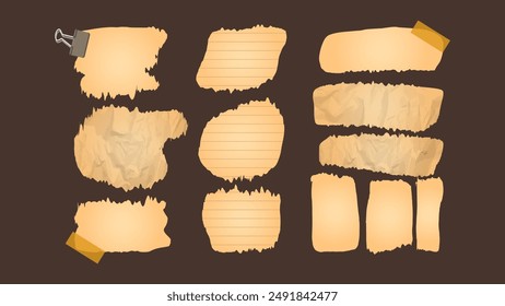 Paper and Elements scrapbooking Old torn crumpled. Different textures patterns ragged edges. Empty templates. Vector illustration.