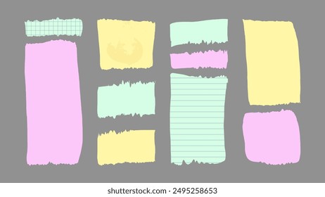 Paper and Elements scrapbooking Old torn crumpled. Colored papers Different textures patterns ragged edges imitation of newspaper scraps. Vector illustration.