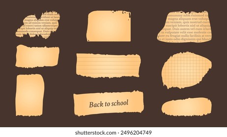 Paper and Elements scrapbooking Old torn crumpled. Elements for retro style collages. Different textures patterns ragged edges imitation of newspaper scraps. Vector illustration.