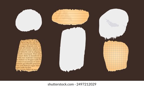 Paper and Elements scrapbooking Old torn crumpled. Newspaper cutout. Different textures patterns ragged edges imitation of newspaper scraps. Vector illustration.