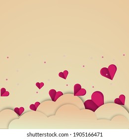 Paper elements in shape of cloud and heart flying one yellow soft background. Vector symbols of love for Women's, Mother's, Valentine's Day, birthday greeting card design