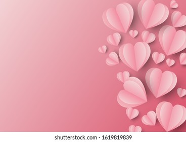 Paper elements in shape of heart disrupted on pink background, Vector symbols of love for Happy Valentine's Day.