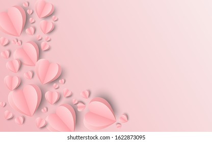 Paper elements in shape of heart disrupted on pink background, Vector symbols of love for Happy Valentine's Day.