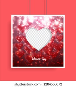 Paper elements in shape of heart flying on pink background. Vector symbols of love for Happy Women's, Mother's, Valentine's Day