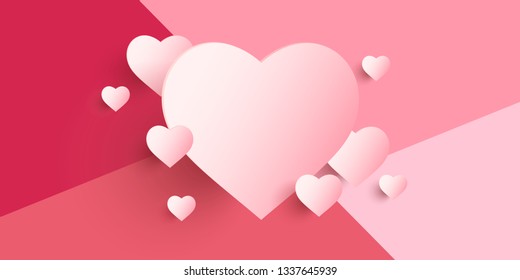 Paper elements in shape of heart flying on pink background. Vector symbols of love for Happy Women's, Mothers, Valentines Day, birthday greeting card design.