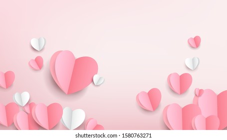 Paper elements in shape of heart flying on pink background. Vector symbols of love for Happy Women's, Mother's, Valentine's Day, birthday greeting card design.