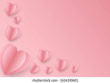 Paper elements in shape of heart flying on pink background. Valentines Day, greeting card design.