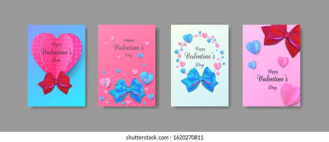 Paper elements in shape of heart flying on background. Valentine's Day, greeting card design. Vector illustration