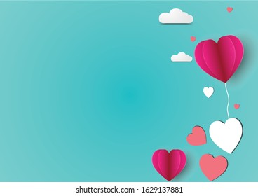 Paper elements in shape of heart flying on blue background. Vector symbols of love for Happy Women's, Mother's, Valentine's Day, birthday greeting card design.