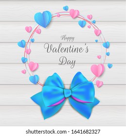 Paper elements in shape of heart flying on background. Valentine's Day, greeting card design. Vector illustration